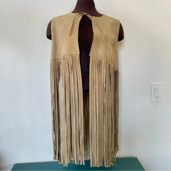Vintage Suede Leather Long Fringe Vest Taupe Camel Boho Layering Piece NWT - Picture 2 of 16